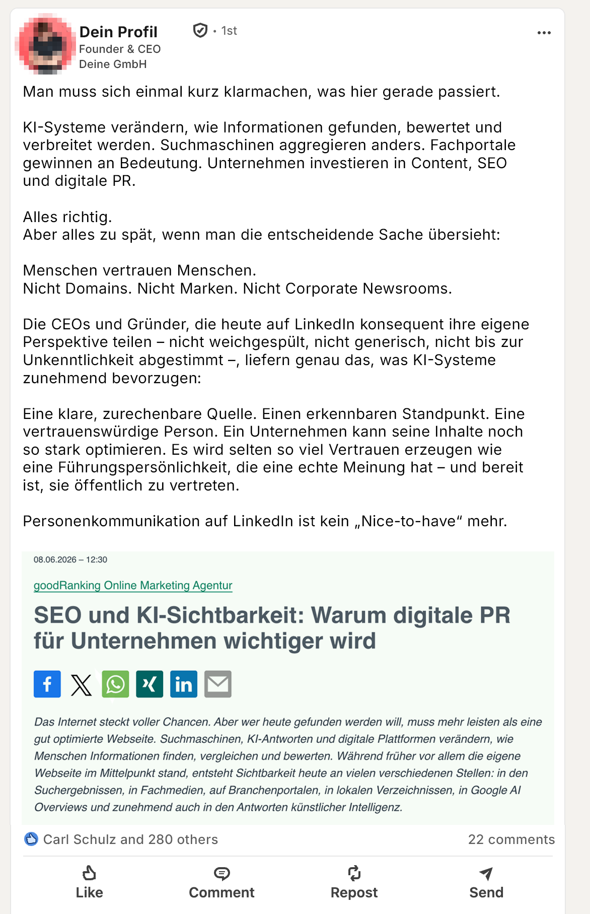 LinkedIn Post: Reaktion auf einen Artikel